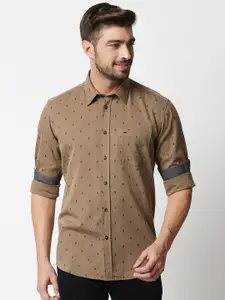 Basics Men Brown & Charcoal Grey Slim Fit Ditsy Paisley Print Cotton Casual Shirt