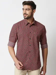 Basics Men Coffee Brown & Red Slim Fit Ditsy Conversational Printed Cotton Casual Shirt