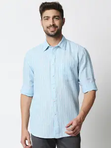 Basics Men Blue & White Slim Fit Striped Cotton Linen Casual Shirt