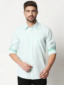 Basics Men White & Sea Green Slim Fit Striped Cotton Casual Shirt