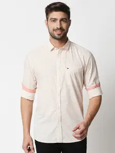 Basics Men White & Maroon Slim Fit Checked & Ditsy Printed Cotton Casual Shirt