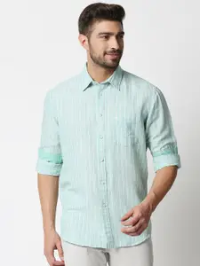 Basics Men Sea Green & White Slim Fit Striped Cotton Linen Casual Shirt
