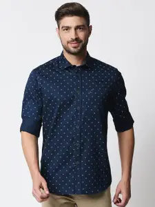 Basics Men Navy Blue & White Cotton Slim Fit Micro Geometric Print Casual Shirt