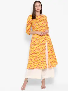 antaran Women Yellow & Red Leheriya Printed Cotton Kurta