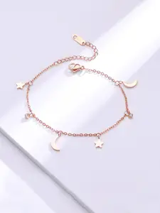Yellow Chimes Rose Gold-Plated Stainless Steel Moon & Star Charm Anklet