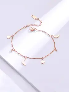 Yellow Chimes Elvora Rose Gold-Plated Stainless Steel Moon & Star Charm Anklet