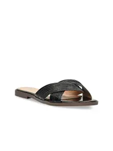 Jove Women Black Textured Open Toe Flats