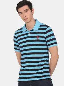 U.S. Polo Assn. U S Polo Assn Men Blue Striped Polo Collar Applique T-shirt