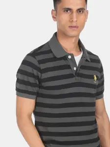 U.S. Polo Assn. U S Polo Assn Men Charcoal Grey & Black Striped Polo Collar Applique T-shirt