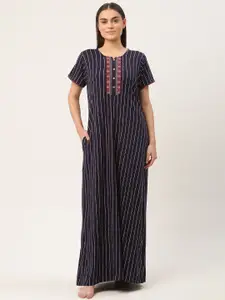 Sweet Dreams Navy Blue & Off-White Pure Cotton Striped Maxi Nightdress