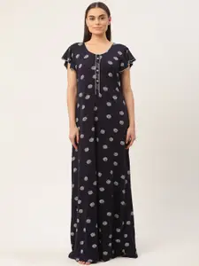 Sweet Dreams Navy Blue & White Pure Cotton Printed Maxi Nightdress