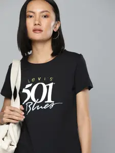 Levis Women Black Typography Printed Pure Cotton T-shirt