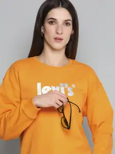 Levis Women Gold-Toned & White Brand logo Printed Round Neck Sweatshirt