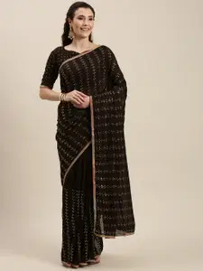 Amrutam Fab Brown & Gold-Toned Beads and Stones Embellished Art Silk Saree