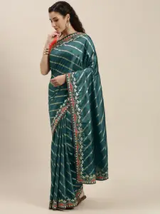 Amrutam Fab Green & Gold-Toned Striped Gotta Patti Silk Cotton Leheriya Saree