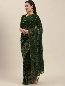 Amrutam Fab Green & Silver-Toned Beads and Stones Embroidered Pure Georgette Saree