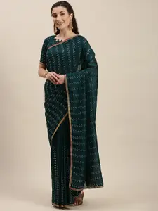Amrutam Fab Green & Silver Striped Beads and Stones Embroidered Art Silk Saree