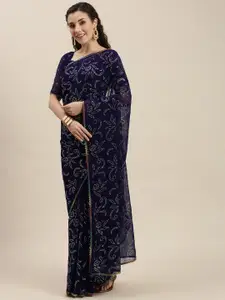 Amrutam Fab Blue & Silver-Toned Beads and Stones Embroidered Pure Georgette Saree