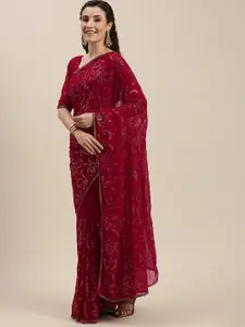 Amrutam Fab Red & Silver Ethnic Motifs Embroidered Beads and Stones Pure Georgette Saree