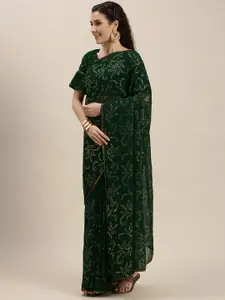 Amrutam Fab Green & Silver-Toned Beads and Stones Embroidered Pure Georgette Saree