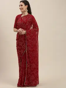 Amrutam Fab Red & Silver-Toned Beads and Stones Embroidered Pure Georgette Saree