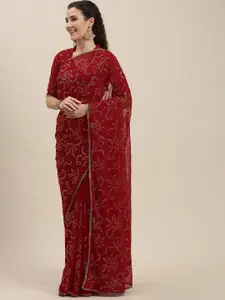Amrutam Fab Red & Silver-Toned Beads and Stones Embroidered Pure Georgette Saree