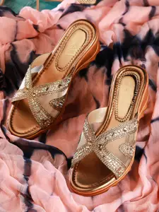EVERLY Copper-Toned Embellished Ethnic Wedge Sandals