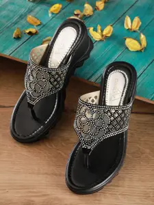 EVERLY Women Black Embellished Suede Wedge Sandals