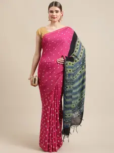 ADITRI Magenta Pink & Teal Blue Bandhani Ajrakh & Shibori Zari Pure Silk Block Print Saree