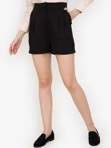 ZALORA WORK Women Black High-Rise Folded Cuff Pleated Shorts