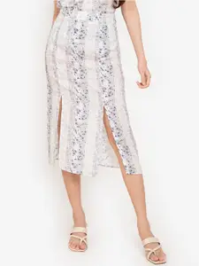 ZALORA BASICS  Women Grey Floral Printed Front Slit Skirt
