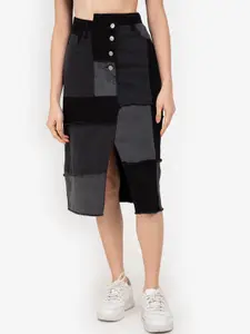 ZALORA BASICS Women Blue Patchwork Asymmetrical Midi Denim Skirt