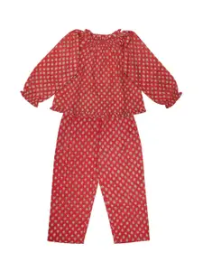 My Little Lambs Girls Coral Ethnic Motifs Printed Night suit