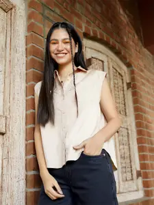 Levis Levi's X Deepika Padukone Women Beige Solid High-Low Hem Standard Casual Shirt
