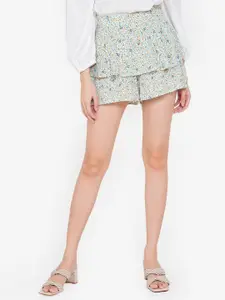ZALORA BASICS Women White & Green Floral Printed Layered High-Rise Shorts