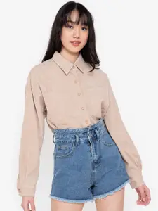ZALORA BASICS Women Beige Skinny Fit Corduroy Oversized Casual Shirt