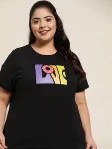 Sztori Women Plus Size Black Typography Printed T-shirt