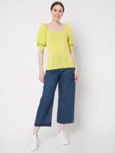 Vero Moda Women Yellow Solid Three-Quarter Puffed Sleeves Top