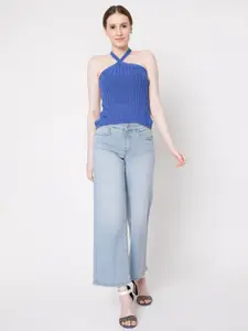 Vero Moda Women Blue Solid Striped Sleeveless Top