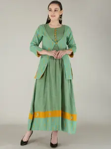 KALINI Women Green Embroidered Pleated Kurti with Skirt &