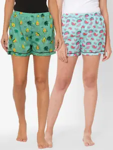 FashionRack Women Green & Blue 2 Printed Lounge Shorts