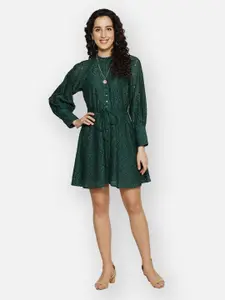 BLANC9 Women Green Self Design Laced Fit & Flared Dress