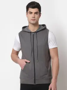 Style Quotient Men Grey Solid Sleeveless Hooded Front -Open Sweatshirt