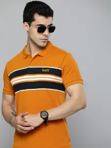 Levis Men Gold-Toned & Navy Blue Striped Polo Collar T-shirt