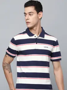 Levis Men Blue & White Striped Polo Collar Pure Cotton T-shirt