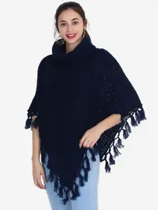 JoE Hazel Women Navy Blue Self Design Poncho Sweater