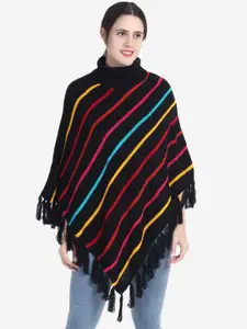 JoE Hazel Women Black & Multicoloured Acrylic Striped Turtle Neck Poncho