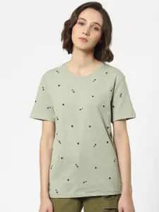 ONLY Women Olive Green Printed T-shirt
