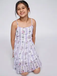 AND Girls White & Blue Printed Fit & Flare Dress