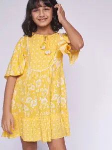 Global Desi Girls Yellow & White Floral Print Tie-Up Neck Flared Sleeves A-Line Dress
